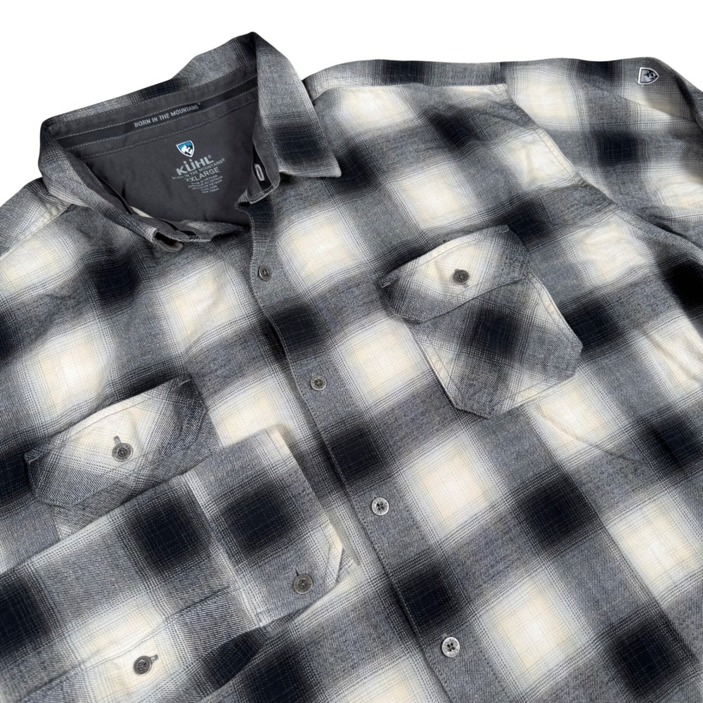 Kuhl Mens XXL Plaid Button Down Shirt Black Grey White Long Sleeve Flannel Style